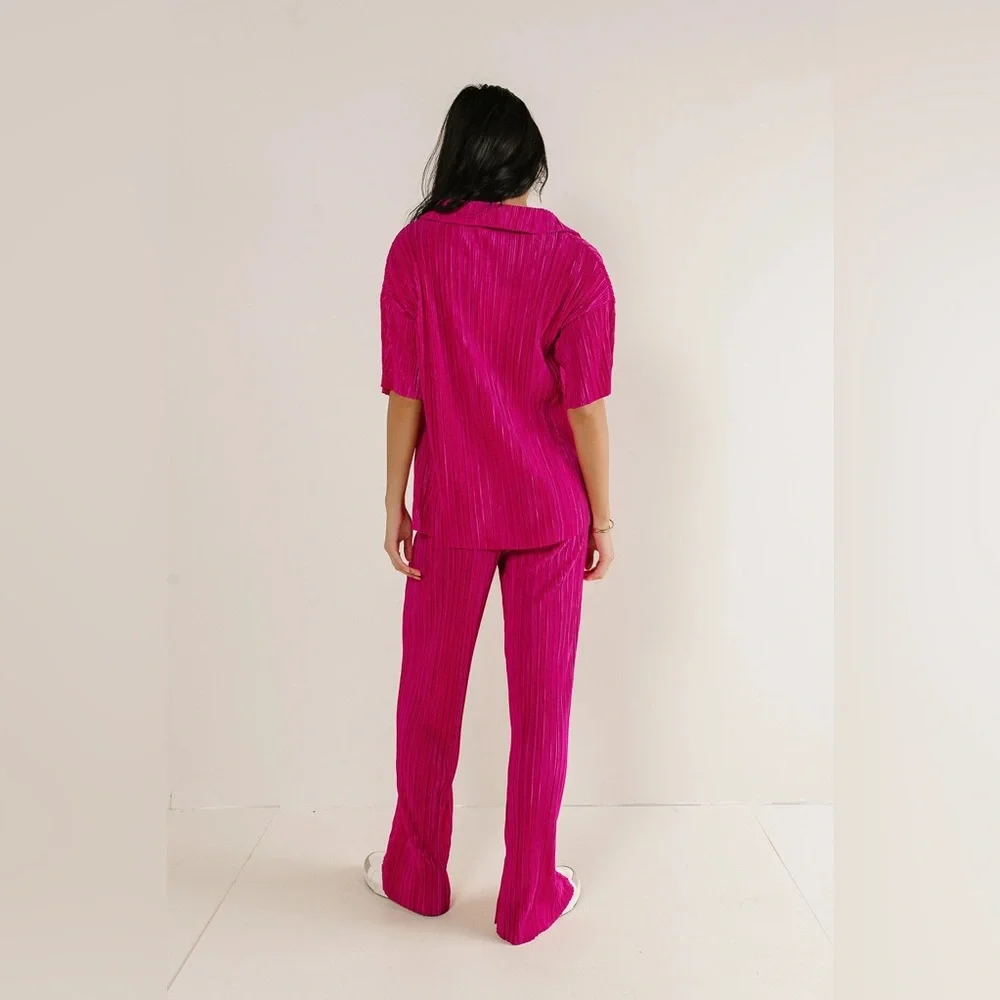 NWT Bohme New In Clara Hot Pink Satin Ribbed Pleated Wide Leg Matching Set
